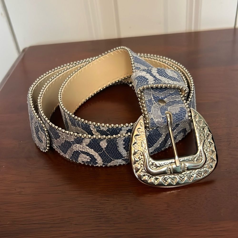 Vintage Y2K 90s Blue Denim Lace Beaded Western Buckle Cowboy Belt Women’s ML